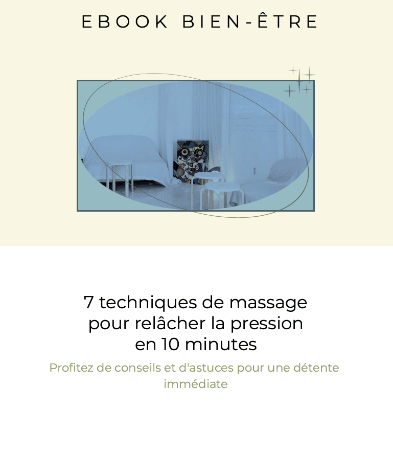 7 massage techniques illustrated in a guide by Univers du Bien-Être & Beauté for quick stress relief in 10 minutes.