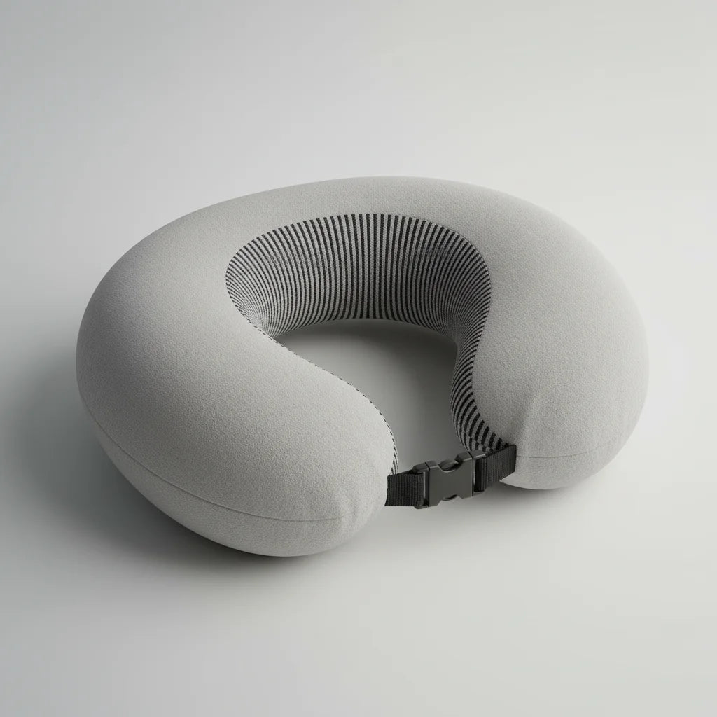 Coussin de voyage ergonomique gris pour le cou, bien-être et confort, fond neutre