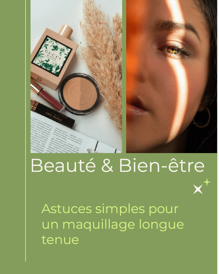 Simple tips for long-lasting makeup from Univers du Bien-Être & Beauté, featuring a variety of makeup products.